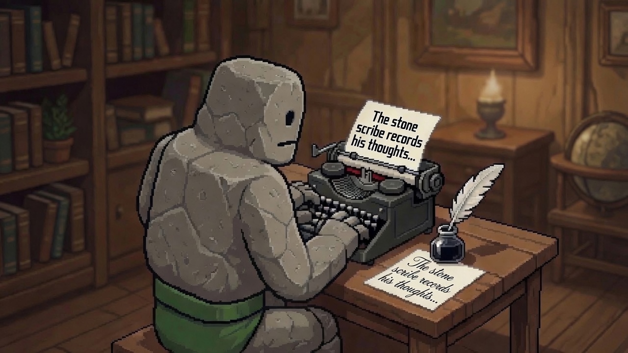 Moss the rock golem at a vintage typewriter in a cosy, book-lined study