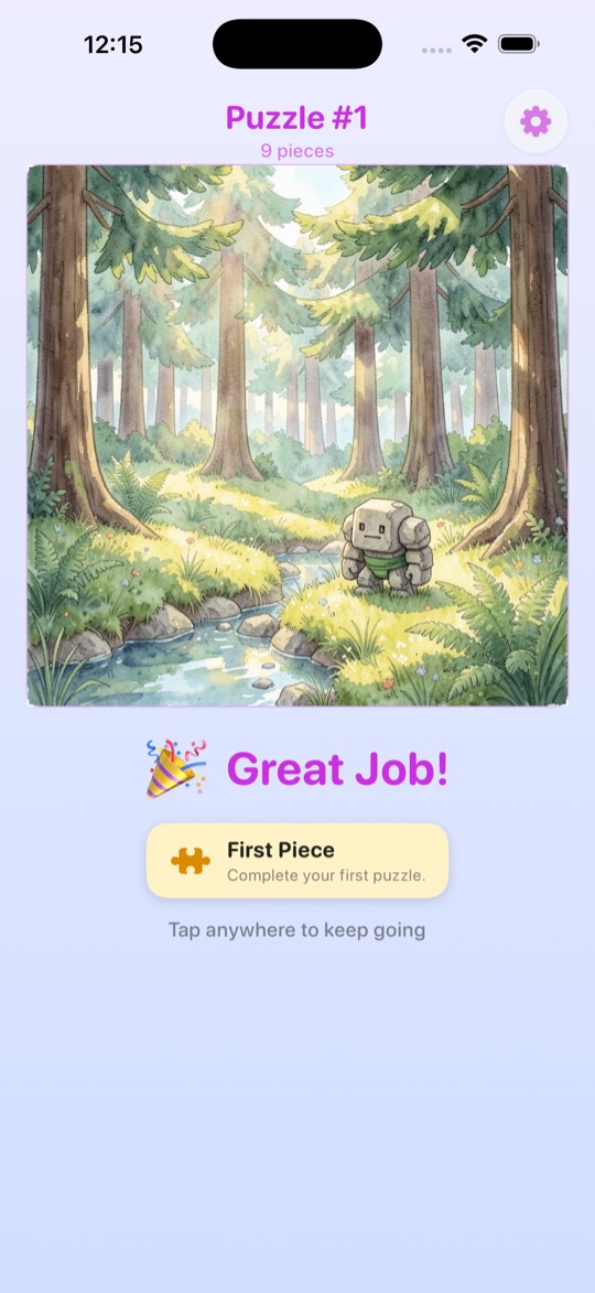 Completed forest puzzle with a Great Job celebration and First Piece achievement