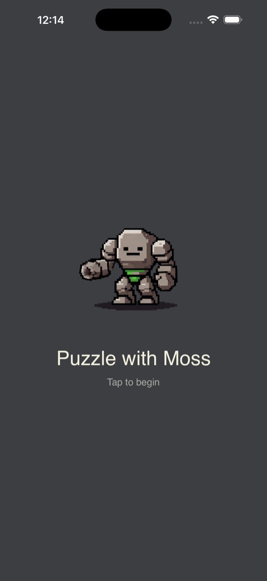 Intro screen with Moss waving and the words Puzzle with Moss, Tap to begin