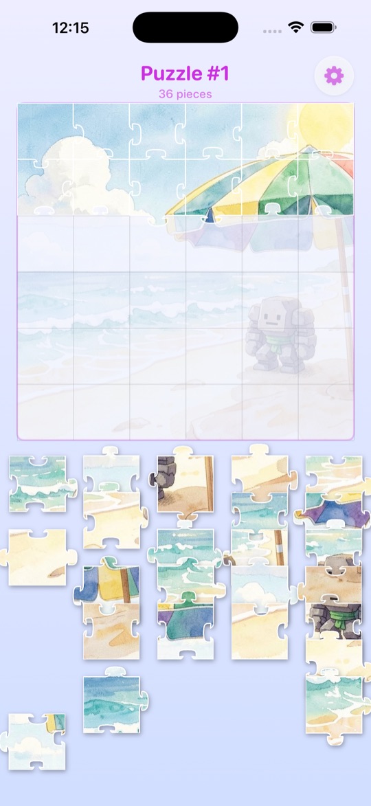 A beach jigsaw in progress with pieces scattered below the board