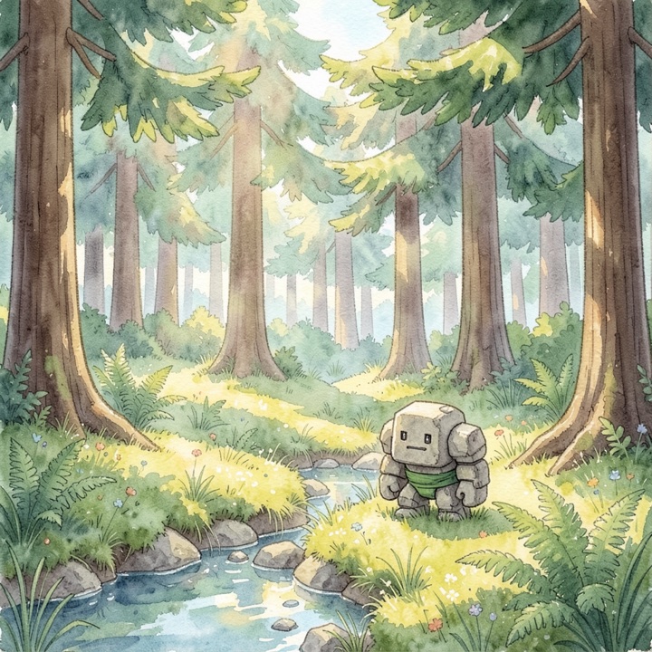 Moss standing beside a stream in a sunlit pine forest